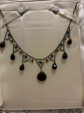 Delicate Brown quartz Drop Pendant Necklace with Blue Accent Beads